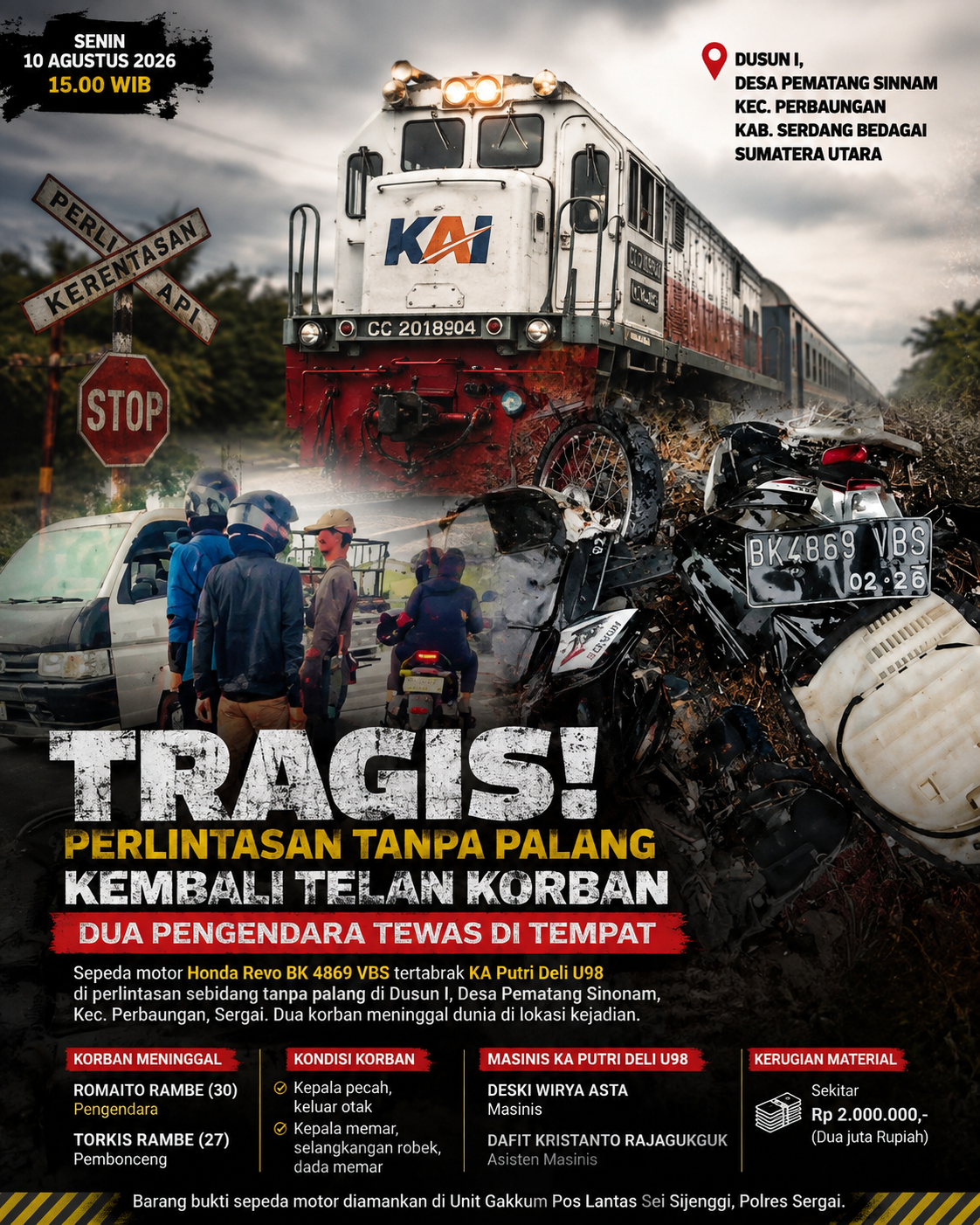 Tragis, Perlintasan Kereta Tanpa Palang di Perbaungan Kembali Telan Korban